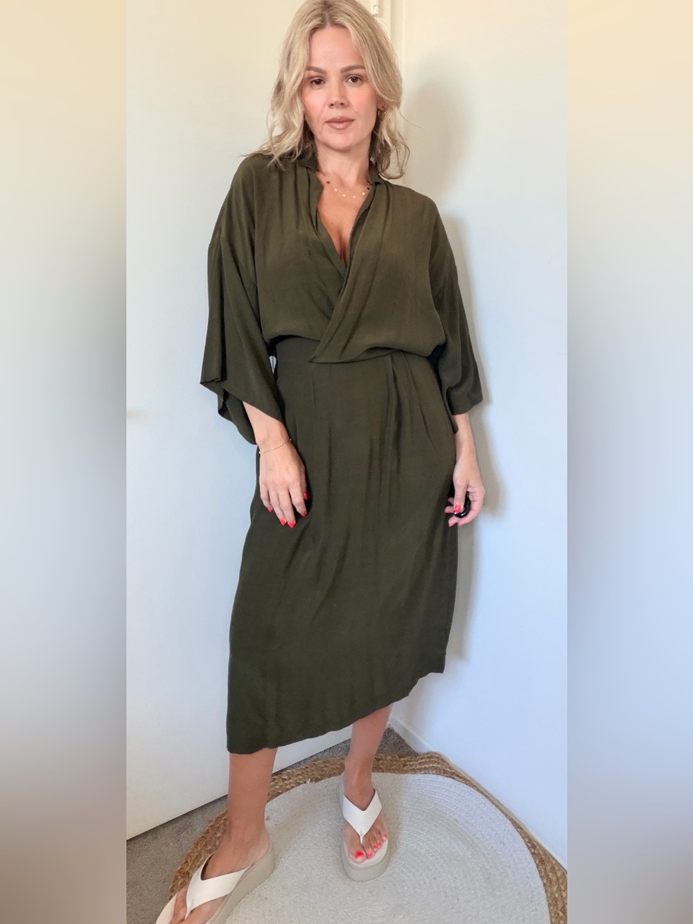 XiRENA Olive Wrap Midi Dress
